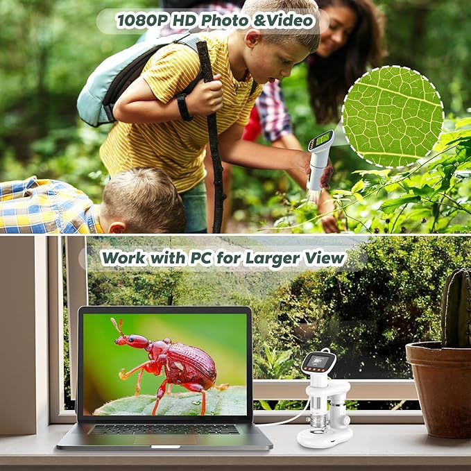 Kids Microscope for Ages 8-12, Handheld Digital Microscope D-MS1 with 2" IPS Screen - Take Pictures & Videos - Download to PC & Mac - 1000X Pocket Microscope, Used Birthday for Kids