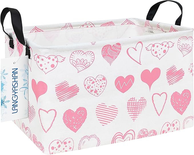 LANGYASHAN Rectangular Storage Bin Collapse Canvas Fabric Cartoon Storage Basket with Handles for Organizing Home Kitchen Boys and Girls Toys Office Closet Shelf Baskets (Rec Angel Heart)