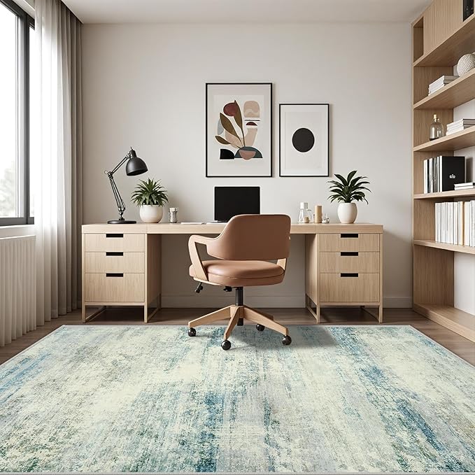 Area Rug 9x12 Washable Rugs: Abstract Large Living Room Rugs with Non-Slip Backing, Thin Carpet for Dining Room Table Bedroom Nursery Indoor Home Office-Blue/Gray