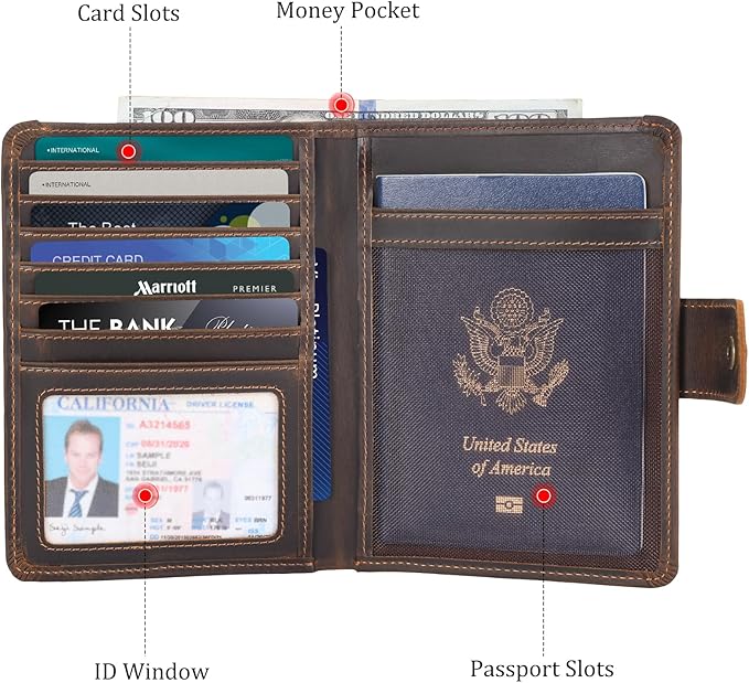 Polare Luxury RFID Blocking Leather Passport Holder Travel Wallet For Men and Women (Dark Brown with AirTag Slot(Snap Version))