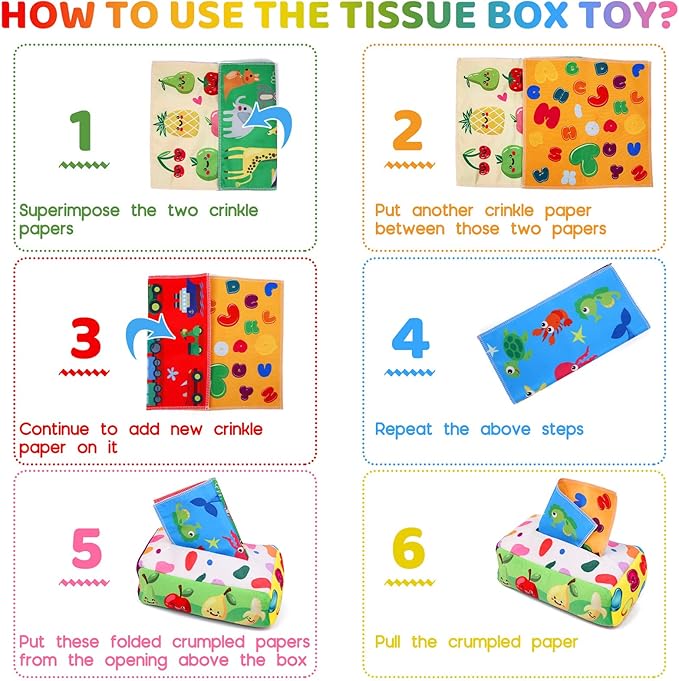 Baby Toys 6 to 12 Months - Tissue Box Toy Montessori for Babies 6-12 Months, Soft Stuffed High Contrast Crinkle Infant Sensory Toys, Boys&Girls Kids Early Learning Gifts