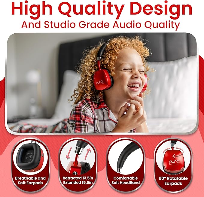 Puro Sound Labs PuroQuiet Plus Kids Noise Cancelling Headphones, Bluetooth Kids On Ear Headphones with Mic, Lightweight On-Ear Design, Studio-Grade Sound (Red)