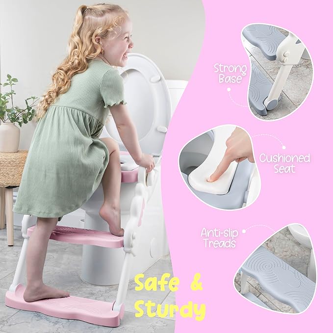 Musical & Sound Toddler Potty Training Seat w/Step Stool Ladder - Collapsible & Adjustable Toilet, Pre Assembled Toddler Toilet Seat w/Music & Sounds - Splash Guard & Anti-Slip Steps - Pink