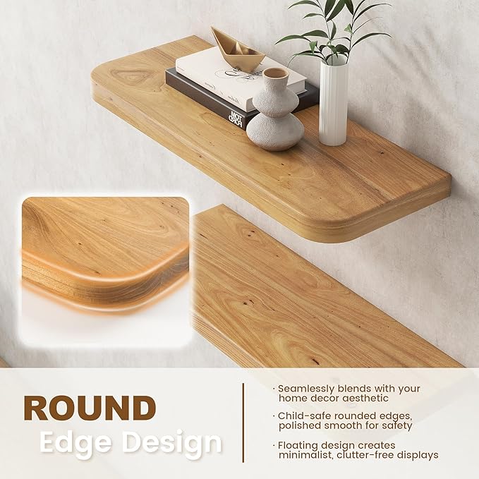 Rustic Elm Wood Floating Shelves for Wall, Round Edge 24"W x 9.2"D x 1.37"H, Set of 2 with Invisible Bracket, Wall Mounted Storage Shelves for Living Room Bedroom Kitchen Bathroom Decor, Natural