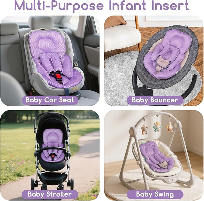 Infant Car Seat Insert for Newborn Girls Boys, Summer Mesh Baby Carseat Head Support with Strap Pads, Soft Reversible Baby Car Seat Insert Cushion Pad for Car Seat, Stroller, Bouncer, Swing, Purple