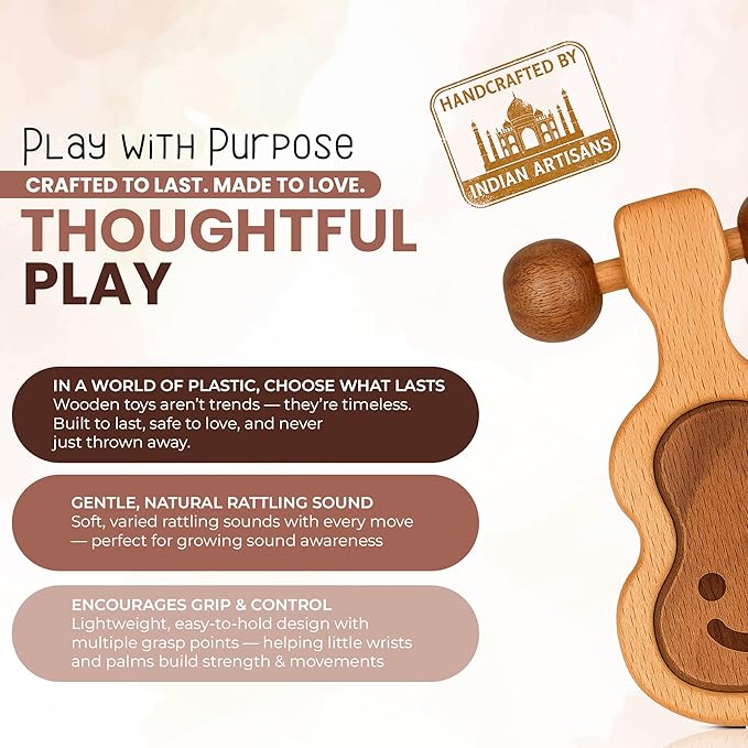 Wooden Teething Toys for Baby 0-6 Months – Organic Natural Non-Toxic Handmade Teether with Beads & Rattle for Soothing Relief – Montessori Sensory Toy for Babies, Infant Boy & Girl