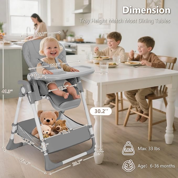 Kinder King Convertible Baby High Chair, Adjustable Feeding Chair for Babies and Toddlers with Removable Double Tray, Simple Compact Fold for Space-Saving, 2 Built-in Wheels, Easy to Clean, Gray