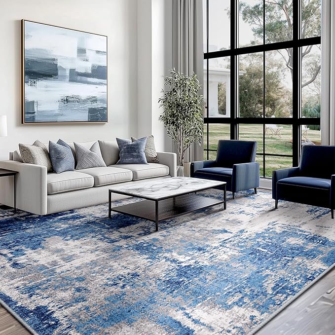 Washable Area Rugs 6'x9' Non-Slip Modern Abstract Soft for Living Room Entryway Bedroom Nursery, Print Pattern, Blue Grey Navy Gray