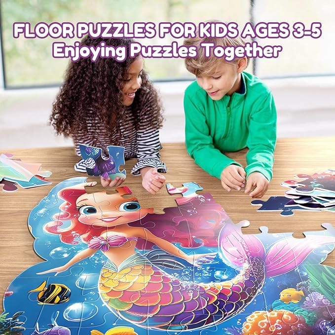45pcs Unicorn & Mermaid Double-Sided Floor Puzzles, Ages 3-8, 27.6x32 In, Waterproof, EVA Material, Jumbo Jigsaw Puzzle, 1 Set of 45 Pieces