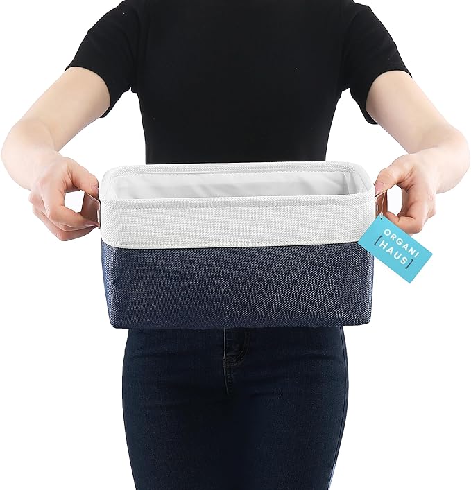 OrganiHaus Small Fabric Storage Baskets for Shelves 3 Pack, 12x8in Closet Storage Bins for Shelves, Cloth Baskets for Organizing, Linen Closet Organizers, Fabric Basket, Navy Blue/White