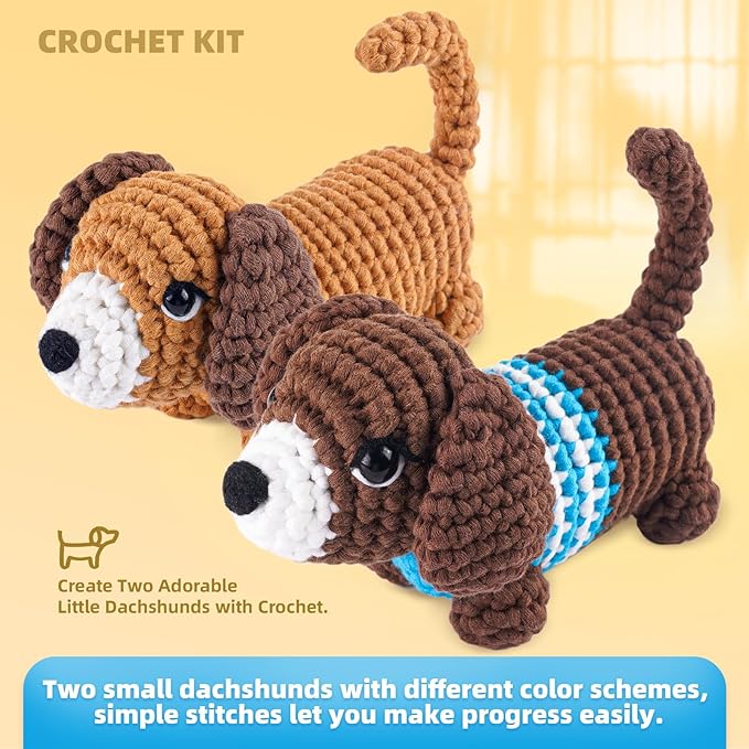 MOREJMTT Crochet Kit for Beginners, Learn to Crochet, Include Easy Knitting Soft Yarn, Step-by-Step Video Tutorial, Hook, Holiday Birthday Gift for Adults and Kids(Sausage Dog)