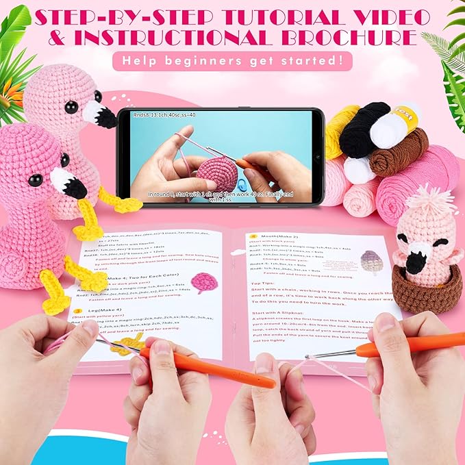 Crochet Kit for Beginners -Flamingo Family Crochet Kits with Step-by-Step Video Tutorials, Beginner Crochet Kit for Adults, Crochet Animal Kit for Kids, 3PCS Flamingo Crocheting Set(Pink)