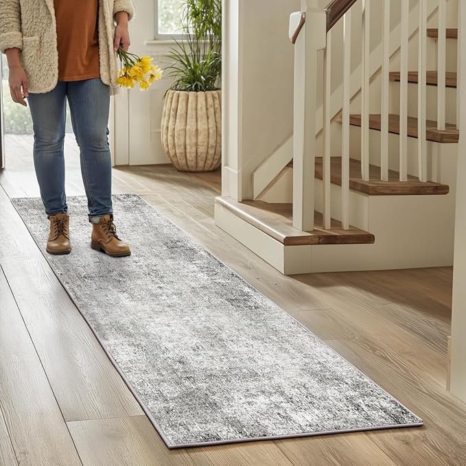 Washable Area Rugs 2'x6' Non-Slip Modern Abstract Soft for Living Room Entryway Bedroom Nursery, Print Pattern, Gray White Grey
