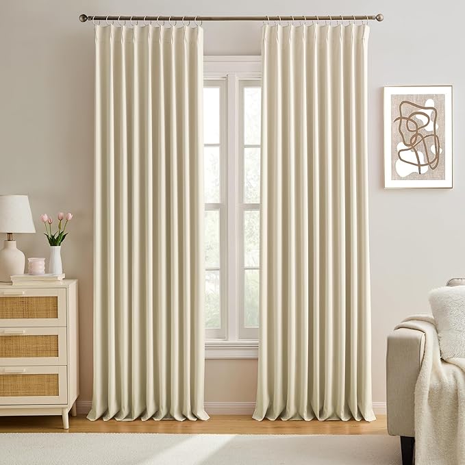 KEQIAOSUOCAI Pleated Blackout Curtains 95 inch Length - Solid Memory Pleated Drapes Light Reducing Ceiling Floor Panels for Living Room Bedroom Window (Cream Beige, 2 Panels,60 by 95)