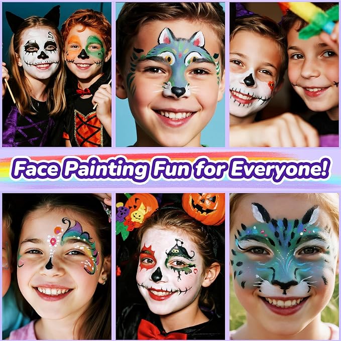 Face Painting Kit for Kids with 24Colors, Rainbow Cakes, Stencils, Gem Stickers, Glitter, Brushes, Temporary Tattoos – Non-Toxic Washable Face Paint for Halloween, Birthday Party, School Events