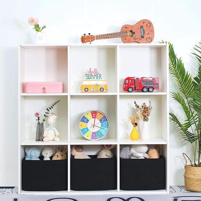 MINTWOOD Design 3-Pack Storage Baskets for Shelves, Playroom and Classroom, Book Basket, Decorative Storage Cube Bins, Woven Closet Organizers, Pantry and Shoe Organizer, Full Black