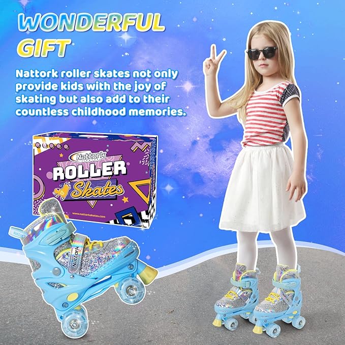 Nattork Kids Roller Skates for Girls Kids, 4 Sizes Adjustable Girls Roller Skates for Ages 3-12 with Light up Wheels & Safety Protection - Cool Birthday Gift for Indoor Outdoor Sports
