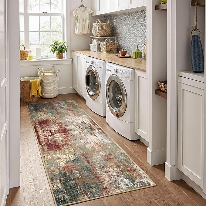 Washable Area Rugs 2'x8' Non-Slip Modern Abstract Soft for Living Room Entryway Bedroom Nursery, Print Pattern, Brown Rust Red Multi