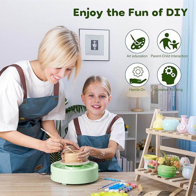 Alldeer Mini Pottery Wheel Machine - 6" Upgraded Clay Wheel for Beginners & Kids, 75W Motor, Adjustable Speed, Low Noise Ceramic Making Kit with 18PCS Sculpting Tools, Ideal for Home DIY (Green)