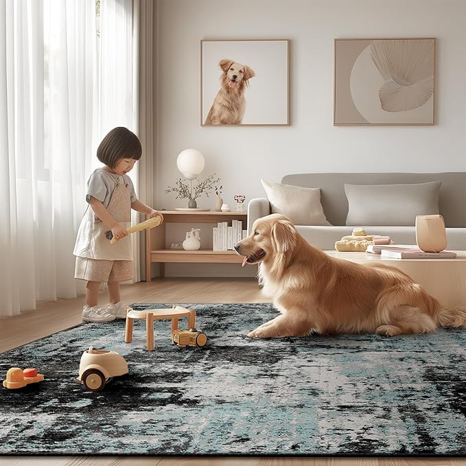 Washable Area Rugs 2'x8' Non-Slip Modern Abstract Soft for Living Room Entryway Bedroom Nursery, Print Pattern, Blue Black Teal