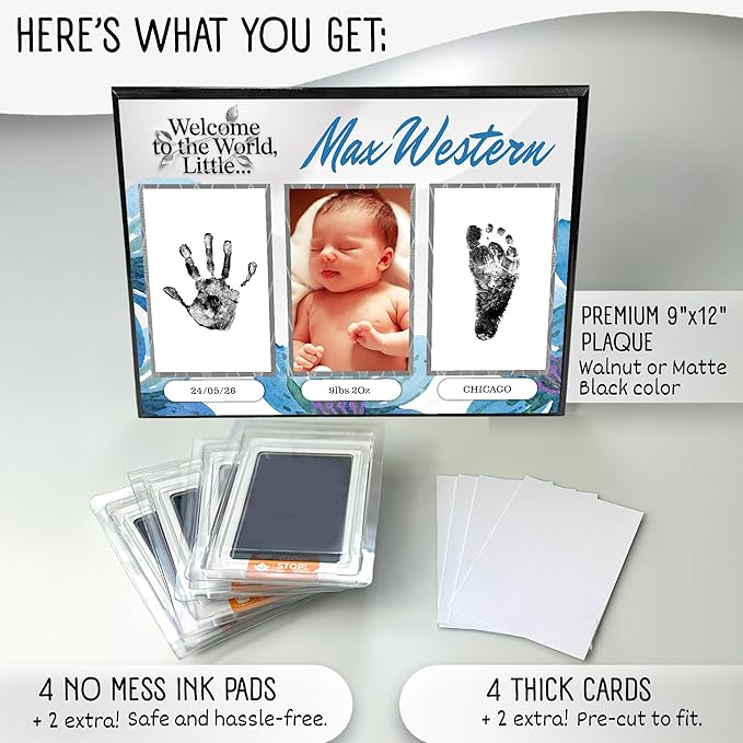 Baby Hand and Footprint Kit with Photo & Birth Details, Inkless Hand and Footprint Kit, Newborn Keepsake Plaque, Baby Shower Gifts (STYLE 1 (Fully Personalized) (Welcome To The World - Baby Boy))