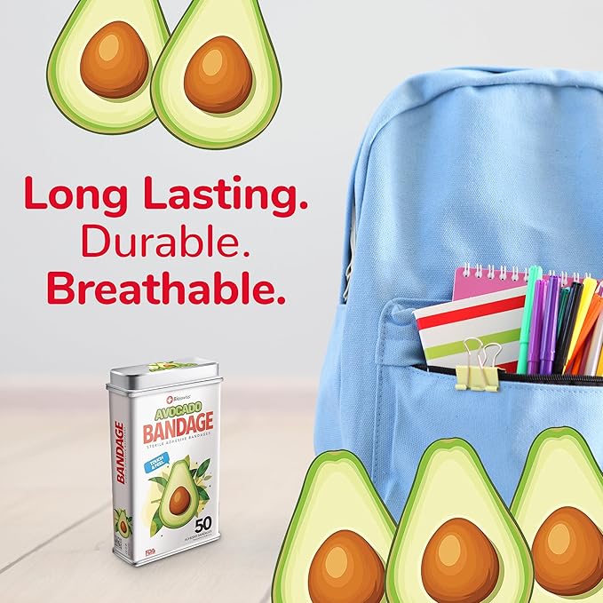 BioSwiss Bandages, Avocado Shaped Self Adhesive Bandage, Latex Free Sterile Wound Care, Fun First Aid Kit Supplies for Kids, 50 Count
