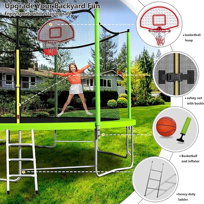 Upgraded 16FT 15FT 14FT 12FT 10FT 8FT Trampoline Outdoor with Basketball Hoop and Net, Capacity for 4-6 Kids and Adults