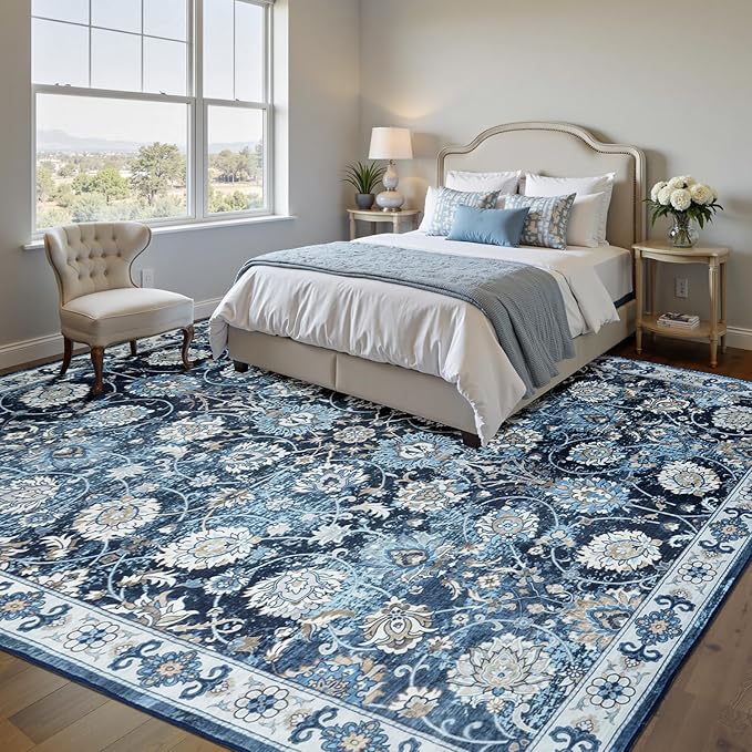 Blue 9x12 Area Rugs for Living Room, Washable Large Rug, Vintage Floral Soft Carpet, Non Slip & Low Pile, Wool Carpets for Indoor Bedroom Dining Home Playroom Office Under Table, Blue Garden