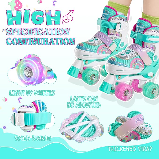PAPAISON Adjustable Roller Skates for Girls Illuminating Wheels, Kids Toddler Rollerskates Ages 4-6 5-8 8-12