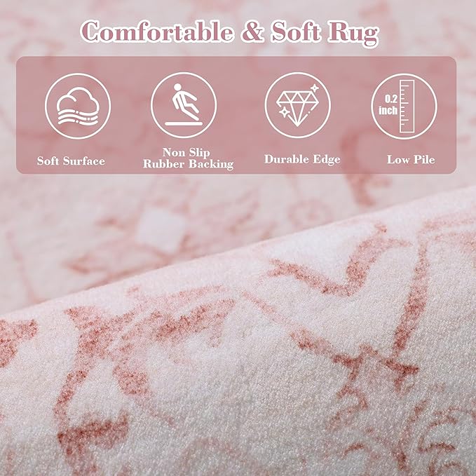 Pink 3x10 Runner Rug for Hallways Bed Side Kitchen, Boho Washable Distressed Low-Pile Floor Entryway Long Bathroom Mat, Non-Slip Laundry Room Washstand Front Carpet Green 36x84 Inch