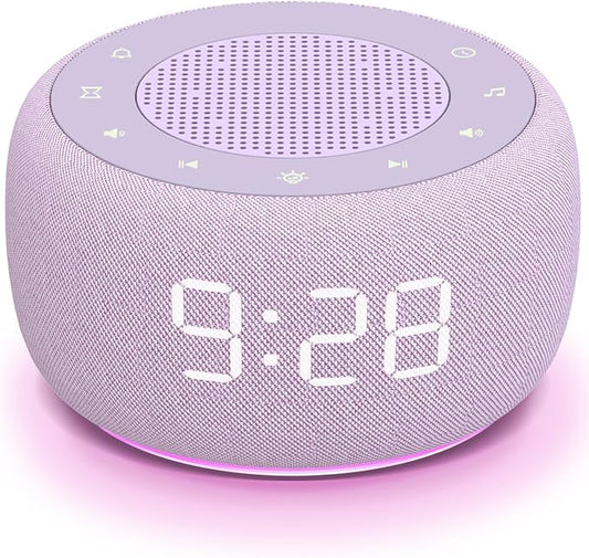 Buffbee Sound Machine & Alarm Clock 2-in-1, 0-100% Clock Face Brightness, Bottom Colored Light, Sleep Timer, Precise 30-Level Volume White Noise Machine, Digital Alarm Clocks for Bedrooms - Purple