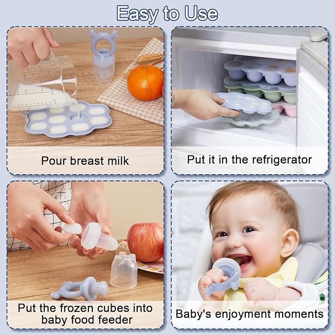 KingKam Baby Breastmilk Popsicle Molds & Baby Fruit Feeder (2 Pack), Baby Food Freezer Tray Storage Containers, Silicone Pacifier Feeder and Teether