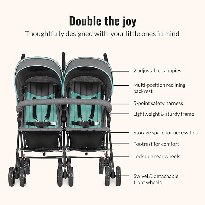 Dream On Me Volgo Twin Umbrella Stroller in Mint, Lightweight Double Stroller for Infant & Toddler, Compact Easy Fold, Large Storage Basket, Large and Adjustable Canopy