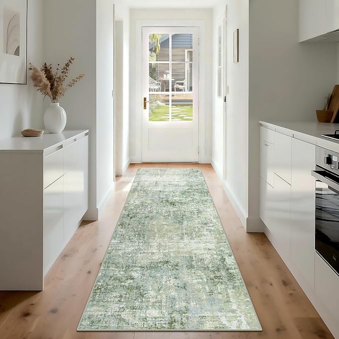 Runner Rug for Hallways Kitchen 2'6"x8' Washable, Non Slip Carpet 8ft Area Rugs Entryway Rubber Backed 8 Feet Neutral Abstract Modern Low Pile Indoor Green