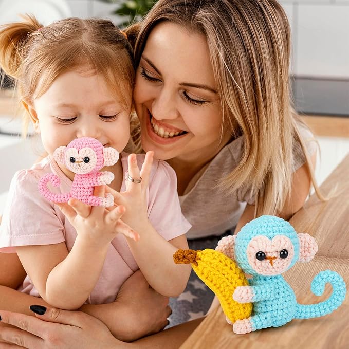 Crochet Kit for Beginners - 2 PCS Monkey with Banana Crochet Kits with Step-by-Step Video Tutorials, Beginner Crochet Kit for Adults, Crochet Monkey Kit for Kids (Blue & Pink)