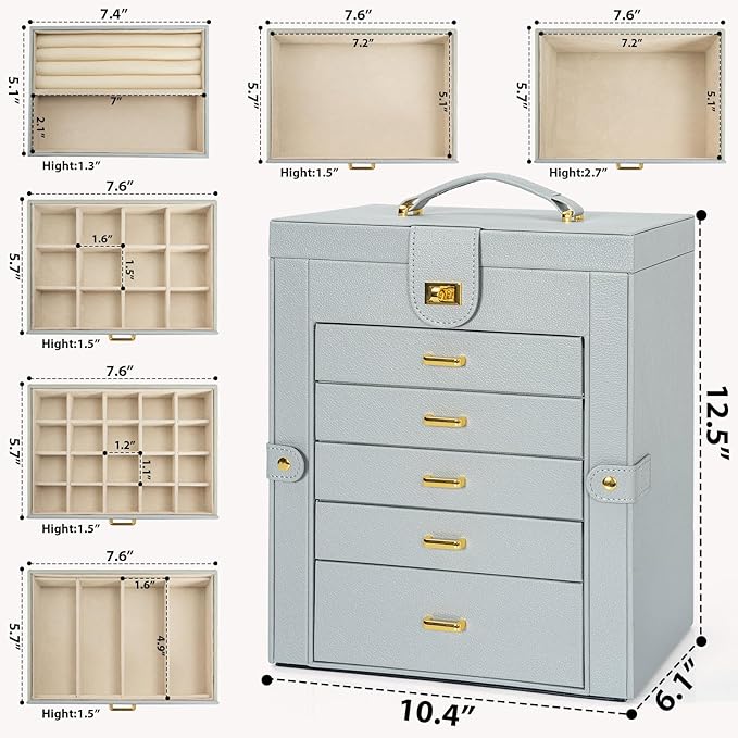 AKOZLIN Large Jewelry Box Organizer Functional Lockable with Big Mirror, Leather Jewelry Storage Case for Women Girls Ring Necklace Earring Bracelet Holder Organizer Grey