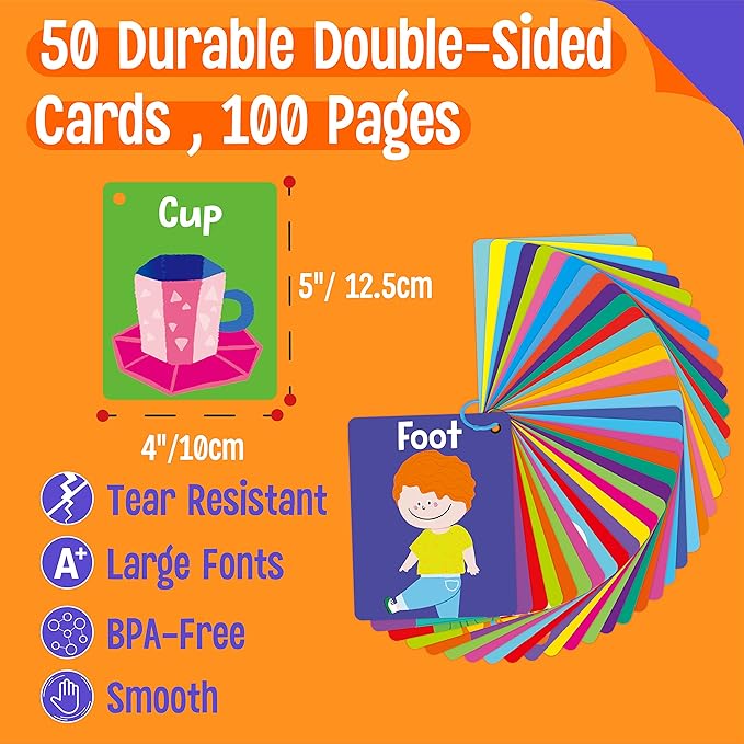 50 PCS Kid First Cognitive Flashcards,Double Sided Printed 7 in 1 Colorful Cards Alphabet,Numbers, Foods,Animals,Shapes,Colors with 3 Reclosable Rings,Learning Tool for Pre-K Kindergarten Toddlers