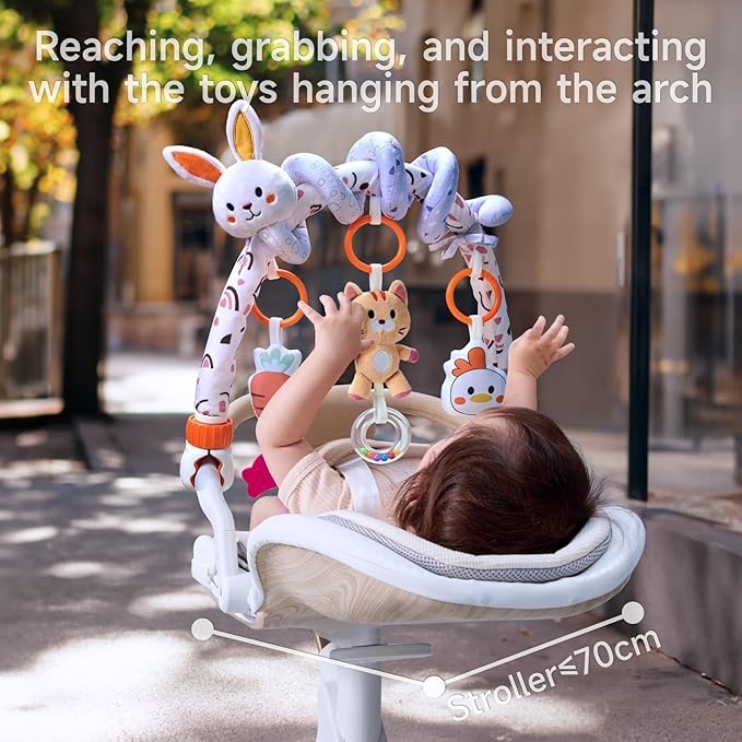 TUMAMA 2 in 1 Spiral Car Seat Toys for Babies 6-12 Months, Arch Stroller Toys for Infant 0-12 Months Hanging Toys with Clip Bouncer Bassinet Activity Toy