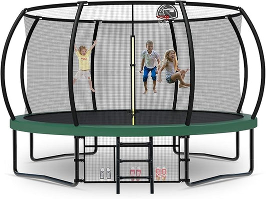 Tatub Large Trampolines Outdoor 10 12 14 15 16FT for Kids and Adults,Outdoor Recreational Pumpkin Trampolines with Curved Poles and Safety Enclosure Net, Basketball Hoop, Ladder
