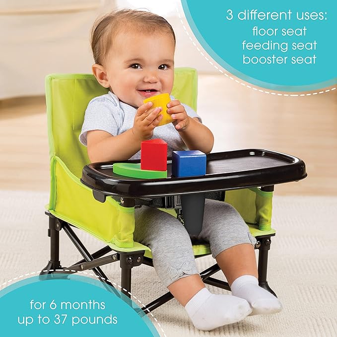 Summer by Bright Starts Pop 'N Sit Portable Booster Chair, Floor Seat, Indoor/Outdoor Use, Compact Fold, Green, 6 Mos - 3 Yrs