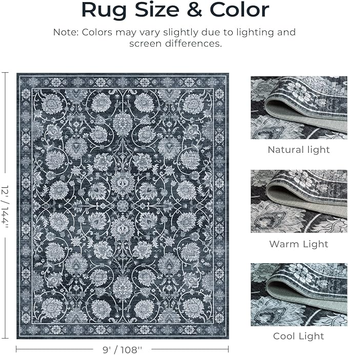 Black 9x12 Area Rug for Living Room, Washable Large Rugs, Vintage Floral Soft Carpet, Non Slip & Low Pile, Wool Carpets for Indoor Bedroom Dining Home Playroom Office Under Table, Black