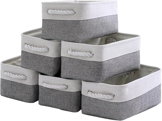 TcaFmac Small Storage Baskets for Shelf 6 Pack Canvas Storage Basket with Handles Fabric Storage Basket for Organizing Storage Bin (White and Grey, 12x8x5")
