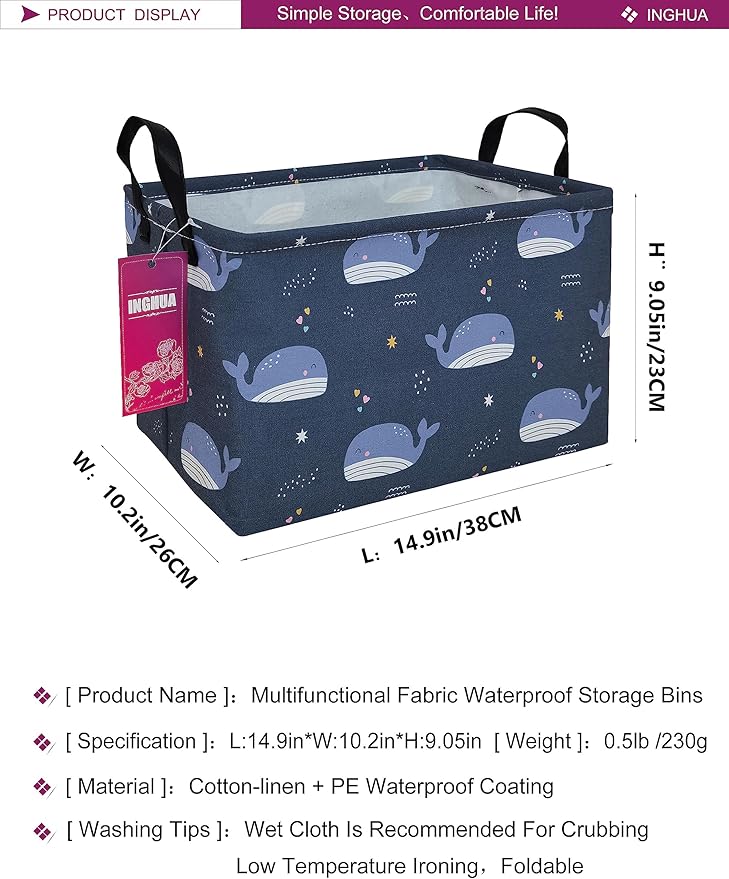 Rectangular Storage Basket Fabric Organizer Bin for Toys,Books,Clothes,Gifts,Pets-Perfect for Home,Office,Nursery,Dorm,Shelf(Rec-Blue Whale )