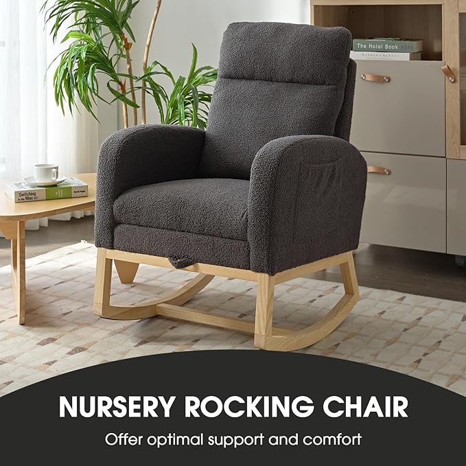 NIOIIKIT Modern Nursery Rocking Chair, Teddy Upholstered Rocking Chair with Footrest, Comfortable Rocker Chair with Side Pocket, Rocker Chair for Living Room, Bedroom, Nursing Room (Grey)