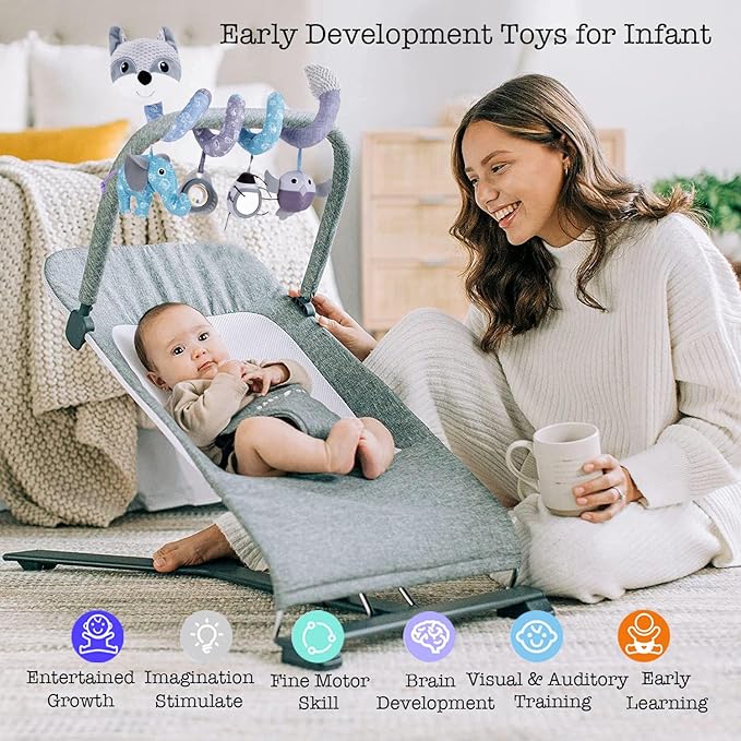 Car Seat Toys, Baby Plush Spiral Hanging Toys for Stroller Crib Bar Bassinet Car Seat Mobile with Musical Owl BB Squeaker Elephant- Gray Fox