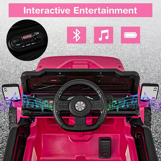 Costzon 12V Kids Ride on Truck Car, Electric Vehicle w/Remote Control, Threaded Wheels, 3 Speeds, LED Lights, Music, Horn & Wireless Connection, Battery Powered Ride on Toy for Boys & Girls 3+ (Pink)