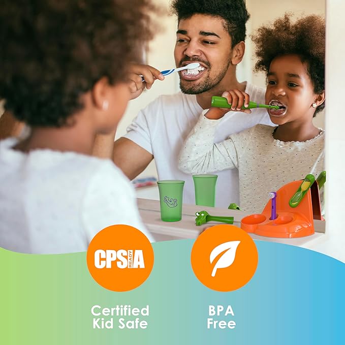 Brusheez Kids’ Electric Toothbrush Set - Safe & Effective for Ages 3+ - Parent Tested & Approved with Gentle Bristles, 2 Brush Heads, Rinse Cup, 2-Minute Timer, & Storage Base (Buddy The Bear)