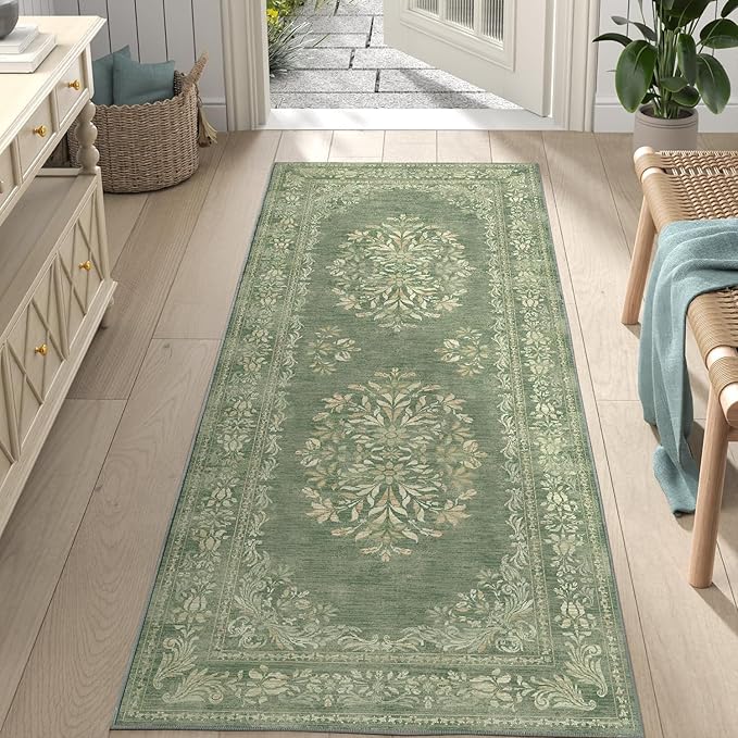 jinchan Vintage Floral Runner Rug 2x5 - Machine Washable Distressed Design Non-Slip Low-Pile Soft Thin Carpet for Hallway Kitchen Farmhouse Bedroom Entryway Laundry Room (2x5ft,Dark Green)