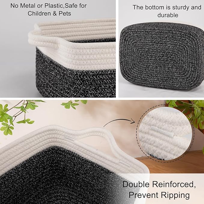 OIAHOMY 3 Pack Storage Baskets for Organizing, Woven Cotton Rope Basket for Shelves, Closet Organizer Bins with Handles, Rectangle Toy Organization, 13.78''×9.84''×5.5'', Black & White