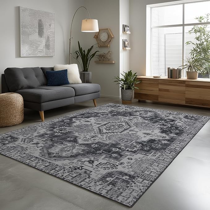 Washable Rugs 5x7 Area Rugs for Living Room, Thin Carpet for Bedroom, Soft Faux Wool Retro Dining Room Rug，Non Slip&Non-Shedding Resistant Low Pile Vintage Print Rug for Home Office (Medium Gray)